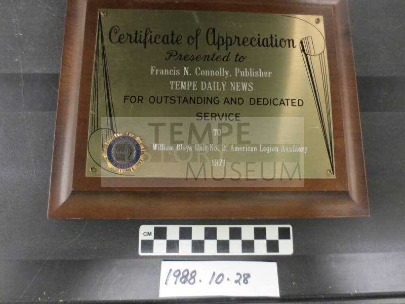 Plaque- Certificate of Appreciation Presented to Tempe Daily News From The American Legion