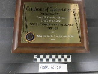 Plaque- Certificate of Appreciation Presented to Tempe Daily News From The American Legion