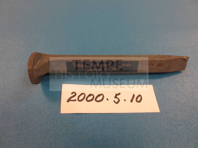 Spike - Railroad, Engraved Plate "Tempe Welcomes Amtrak Sept. 19, 1987".