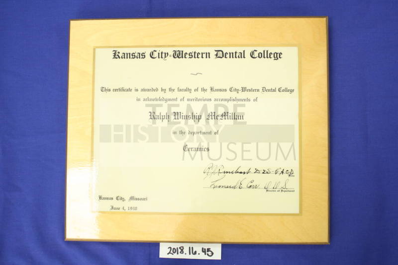 Kansas City Western Dental College award to Ralph McMillan for ceramics