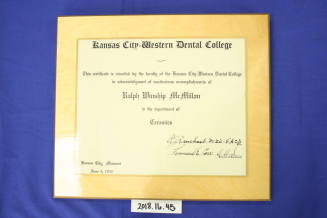 Kansas City Western Dental College award to Ralph McMillan for ceramics
