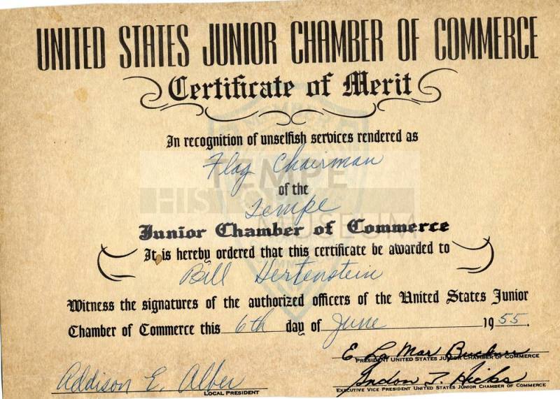 Bill Hertenstein's Junior Chamber of Commerce Certificate