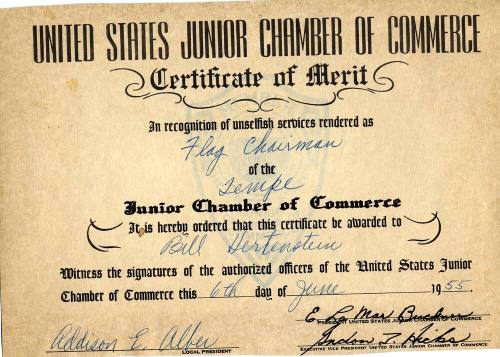 Bill Hertenstein's Junior Chamber of Commerce Certificate