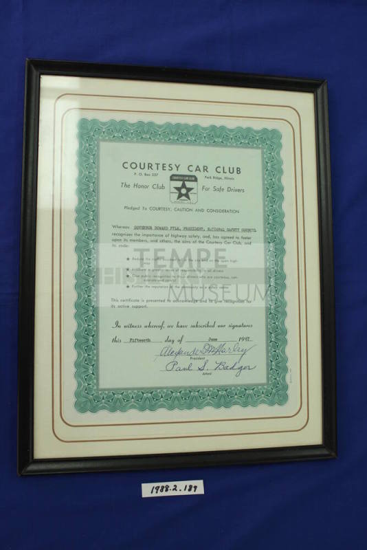 Framed Award, "Courtesy Car Club"