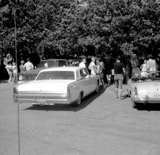 3 photographs, Love-In at Tempe Beach Park--2 standing crowd scenes; Lincoln, truck & MG cars