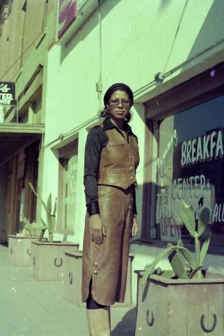 Woman in Euphoria Leather Outfit at Tempe's Breakfast Center