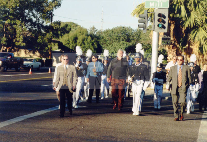 Tempe High School - Group of Band members and Adults Crossing Mill Avenue