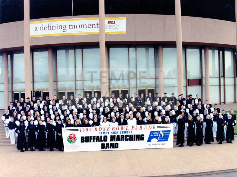 Tempe High School - Marching Band in front of Gammage with Rose Bowl Parade Banner