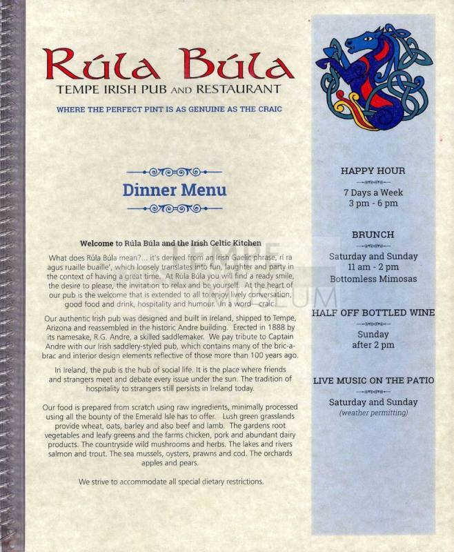 Rula Bula Dinner Menu