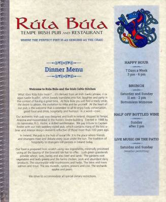 Rula Bula Dinner Menu