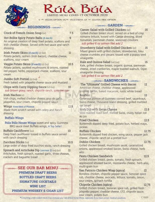 Rula Bula Limited Menu Covid-19 October 2020