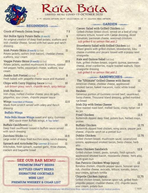 Rula Bula Limited Menu Covid-19 October 2020