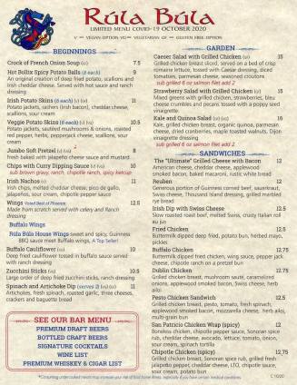 Rula Bula Limited Menu Covid-19 October 2020
