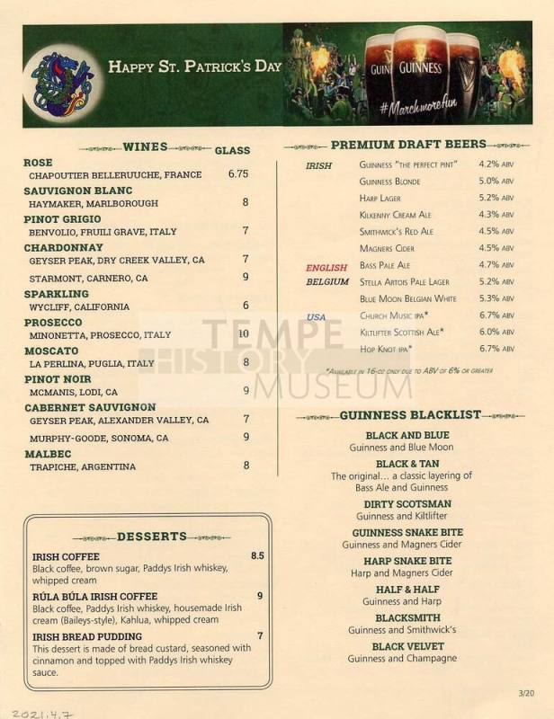 Rula Bula "Happy St. Patrick's Day" Menu