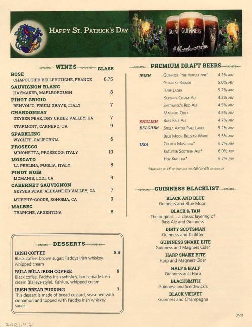 Rula Bula "Happy St. Patrick's Day" Menu