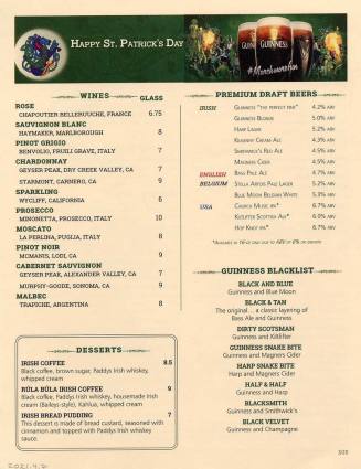 Rula Bula "Happy St. Patrick's Day" Menu