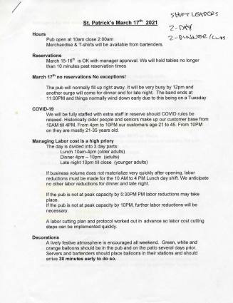 Rula Bula Work Schedule - St. Patrick's March 17, 2021