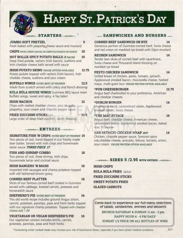 Rula Bula Happy St. Patrick's Day Menu
