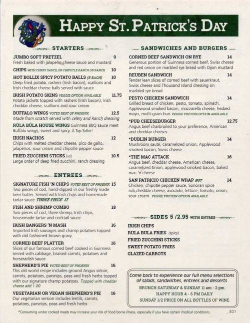 Rula Bula Happy St. Patrick's Day Menu