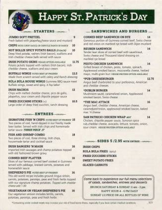 Rula Bula Happy St. Patrick's Day Menu