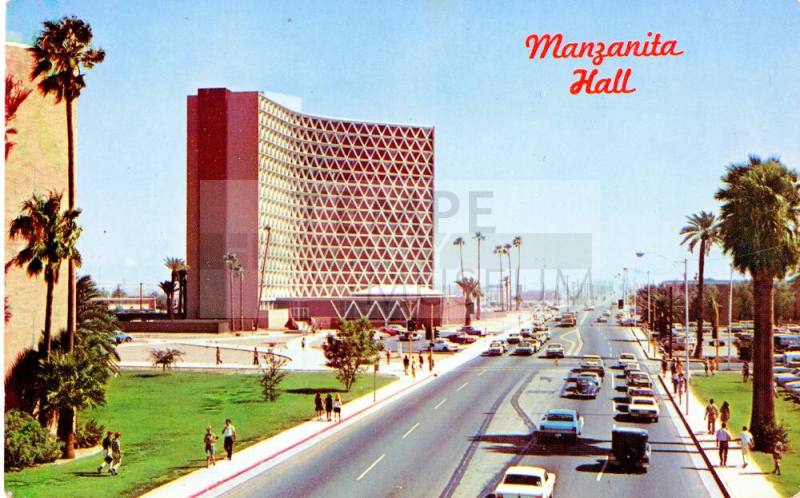 Postcard of Manzanita Hall dormitory, Arizona State University, Tempe, Arizona.
