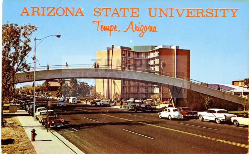 Postcard of "Rainbow Bridge" pedestrian bridge with Palo Verde West dormitory in the background, Arizona State University, Tempe, Arizona.