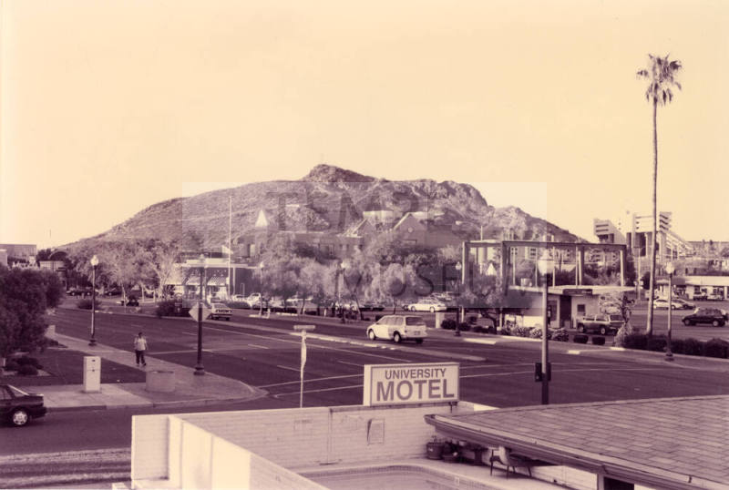 Downtown Tempe and Tempe Butte from Mill Avenue and 9th Street