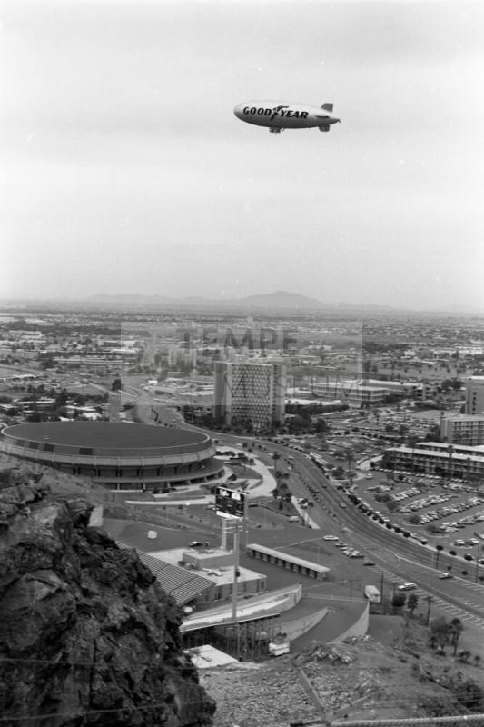 Goodyear Blimp flying over Arizona State University
