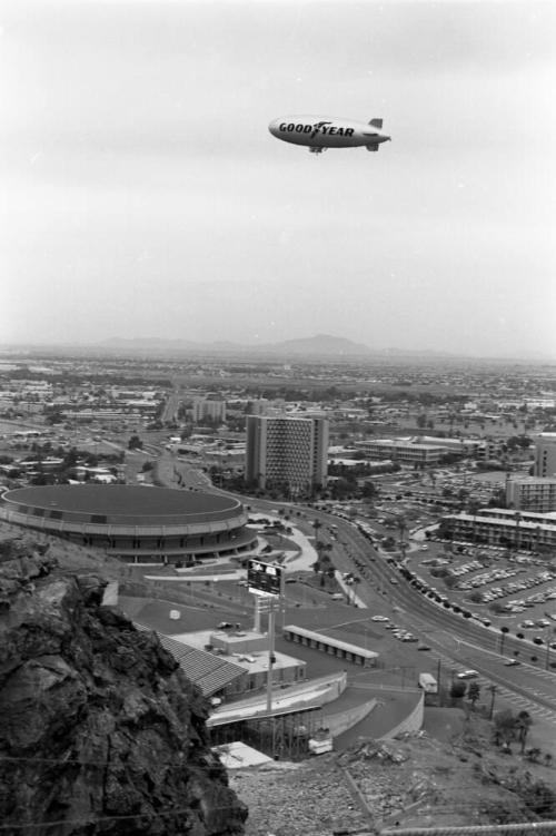 Goodyear Blimp flying over Arizona State University
