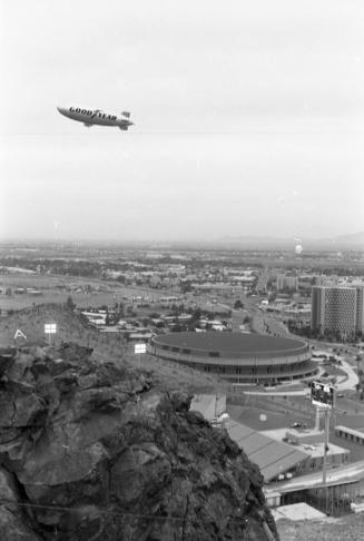 Goodyear Blimp flying over Arizona State University