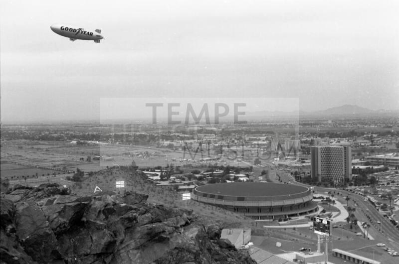 Goodyear Blimp flying over Arizona State University