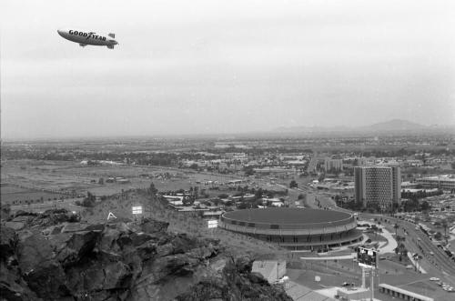 Goodyear Blimp flying over Arizona State University