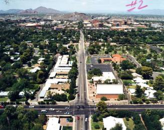 Aerial photo of Broadway & College-- South toward north (Orange hedge/residential)