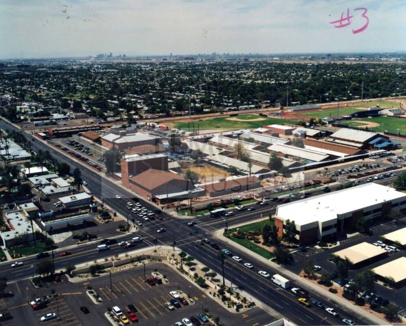 Aerial photo of Broadway & Mill Southeast toward northwest (Tempe High School)