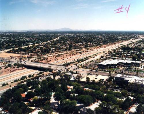 Aerial photo of Broadway & Price//River -- shoot from the northwest toward southeast