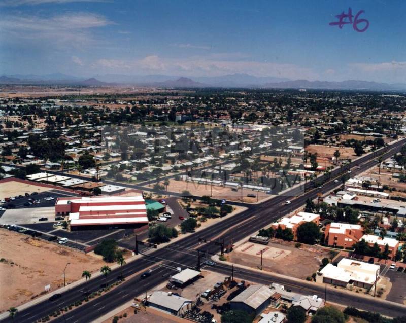 Aerial photo of Apache & Smith/Martin Lane -- Shoot just West of Martin Ln. looking Northeast, showing Apache Blvd and the Northeast corner of Smith and Apache