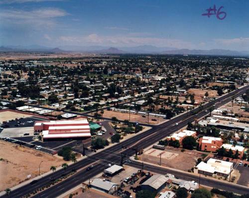 Aerial photo of Apache & Smith/Martin Lane -- Shoot just West of Martin Ln. looking Northeast, showing Apache Blvd and the Northeast corner of Smith and Apache