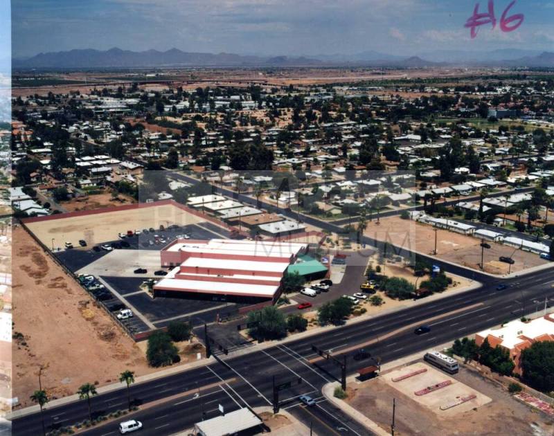 Aerial photo of Apache & Smith/Martin Lane -- Shoot just West of Martin Ln. looking Northeast, showing Apache Blvd and the Northeast corner of Smith and Apache