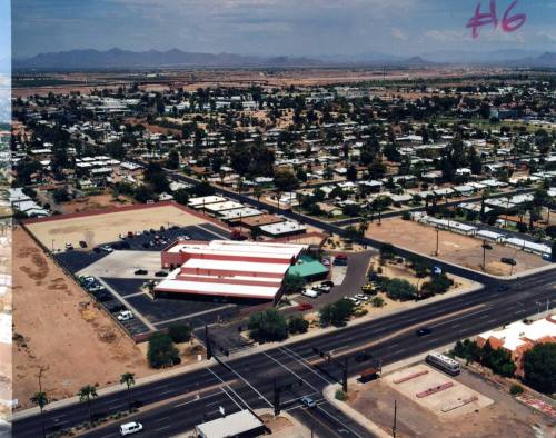 Aerial photo of Apache & Smith/Martin Lane -- Shoot just West of Martin Ln. looking Northeast, showing Apache Blvd and the Northeast corner of Smith and Apache
