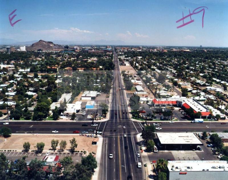 Aerial photo of University & Priest -- west toward east