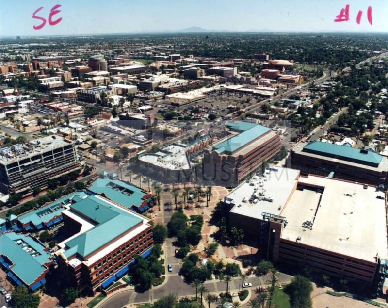 Aerial photo of University & Mill -- northwest toward southeast (ASU Tempe center)