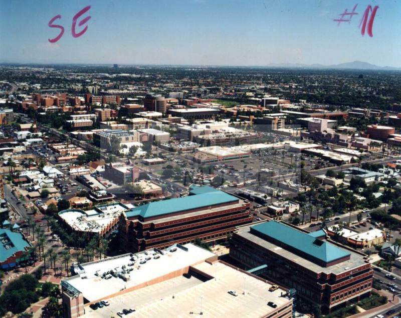 Aerial photo of University & Mill -- northwest toward southeast (ASU Tempe Center)