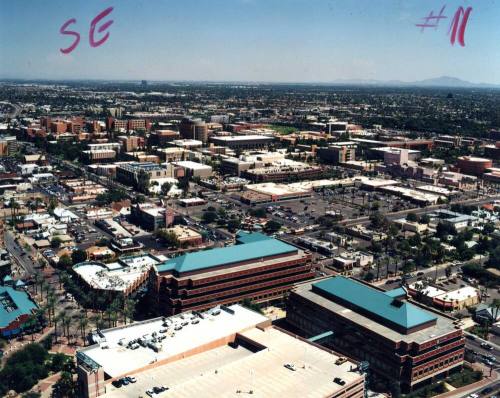 Aerial photo of University & Mill -- northwest toward southeast (ASU Tempe Center)