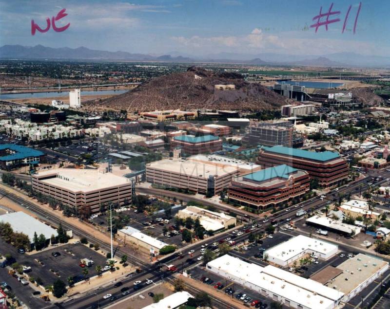 Aerial photo of University & Mill -- southwest toward northeast (ASU Tempe Center)