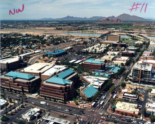 Aerial photo of University & Mill -- southeast toward northwest (ASU Tempe Center)