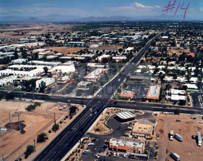 Aerial photo of University & McClintock -- Shoot from southwest of McClintock going northeast, and get as much of the intersection and the street as possible