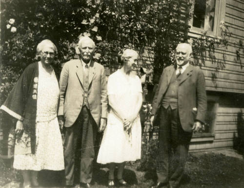 Group photo of Rosa Brown Hart, Thomas Knight, an unkown female and Dr. Fenn J Hart outside Mr. Knight's home in San Francisco