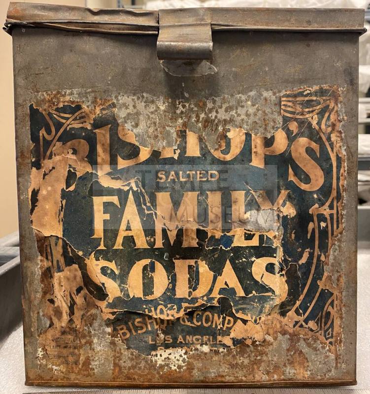 Bishop's brand Salted Family Sodas metal cracker jar and metal lid with clasp