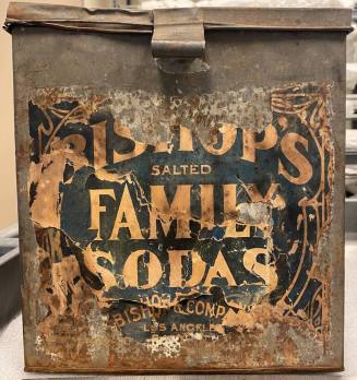 Bishop's brand Salted Family Sodas metal cracker jar and metal lid with clasp