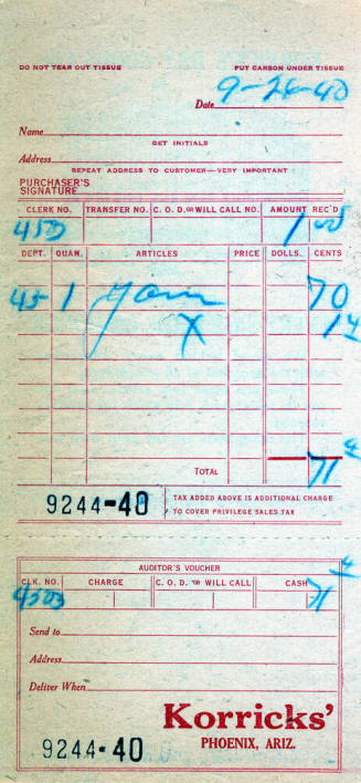 Receipt from Korricks Dry Goods Company